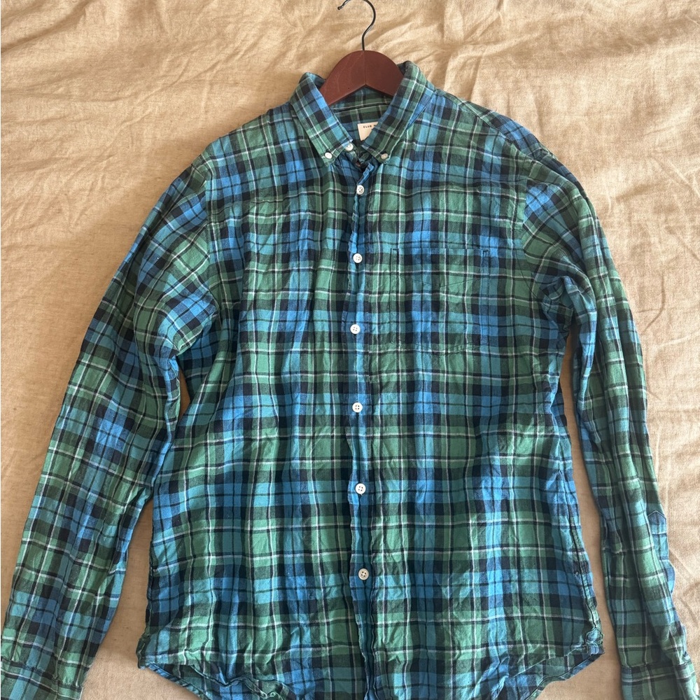 Club Monaco Large Slim Fit Linen Green and Blue Plaid Men's Shirt